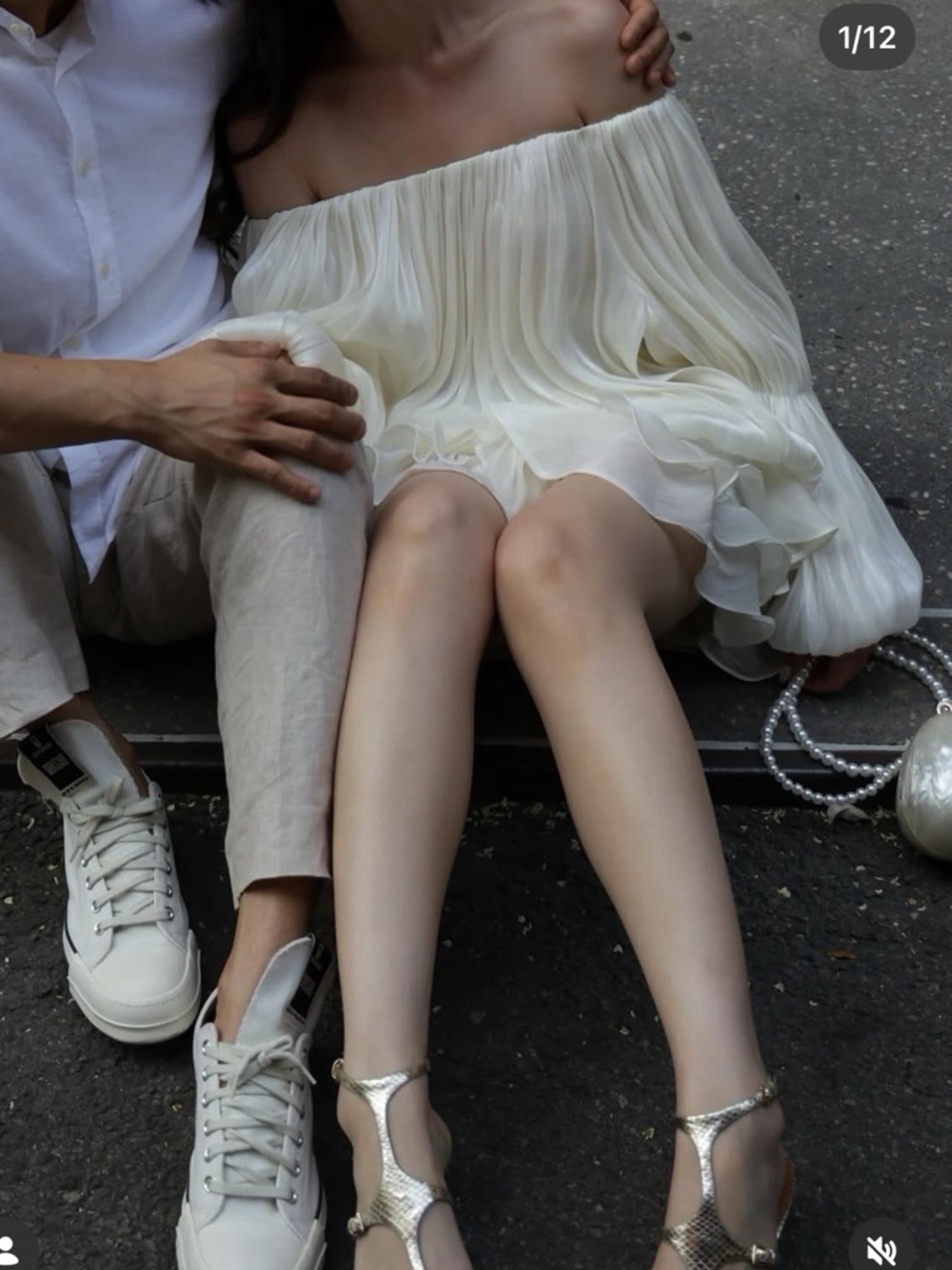 TheBekk Off-Shoulder Pleated Cream Mini Skirt Dress